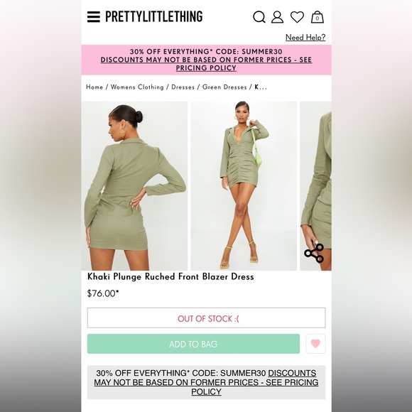 NWT PrettyLittleThing Khaki Plunge Ruched Front Blazer Dress - Picture 12 of 13